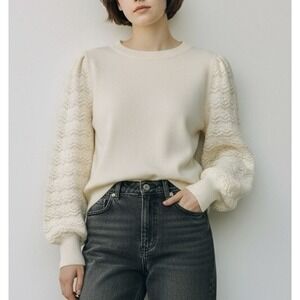 Chico's Size 2 US L Ivory Pullover Sweater Bishop Pointelle Knit Sleeves.